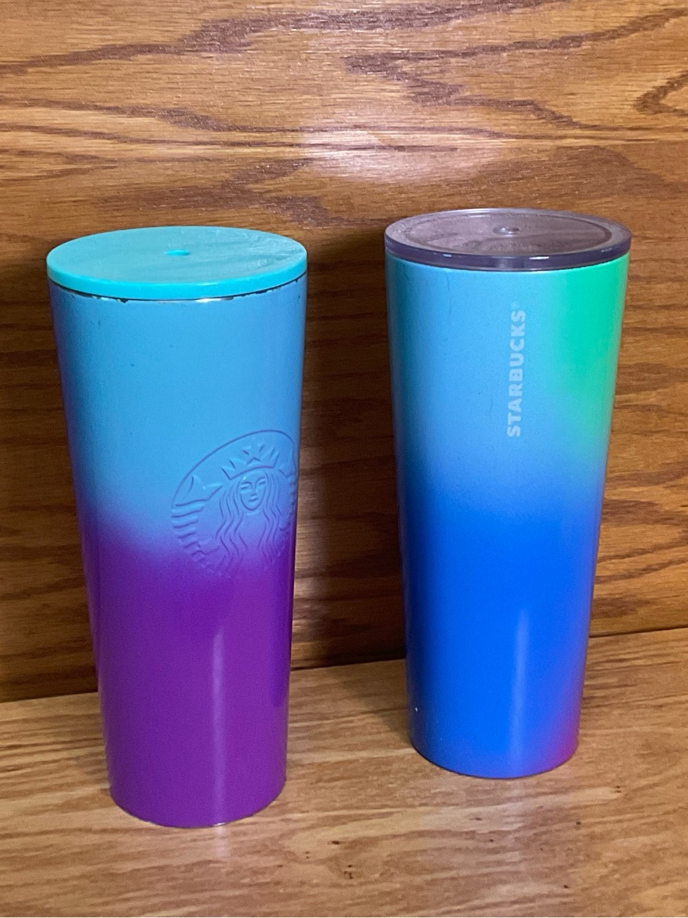 Starbucks Set 2 Venti Reusable Tumblers Blue Purple Ombre 24 oz Metal Cold Cups